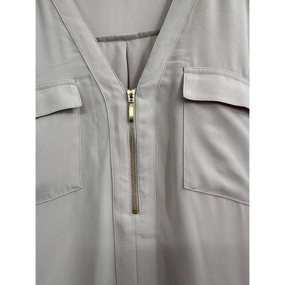 Express Beige V Neck Half Zip Roll Tab Sleeve Shirt Large - Picture 5 of 10